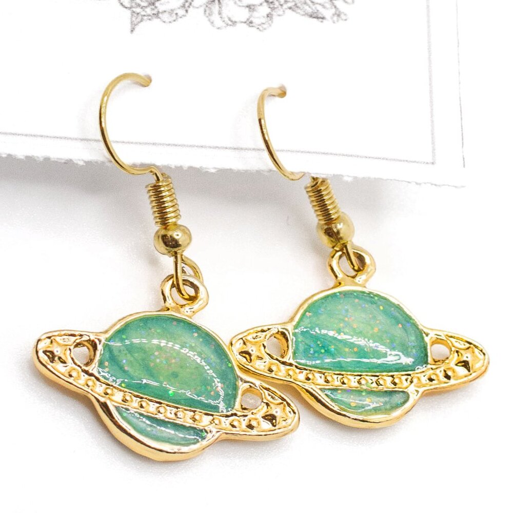 Handmade Goldtone & Teal Enamel Saturn Planet Space Earrings, New